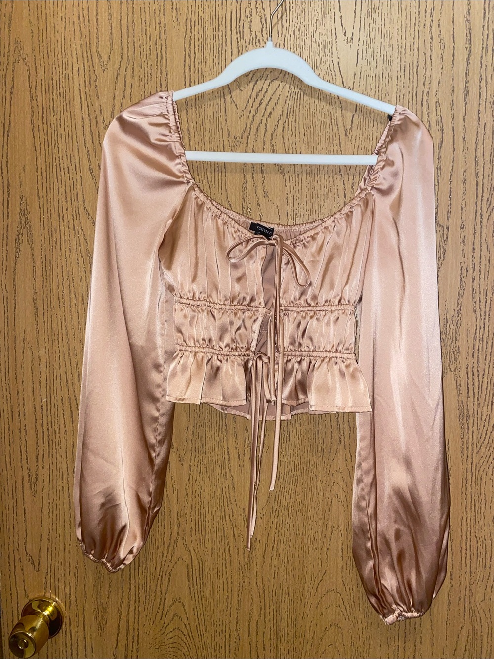 Forever 21 Rose Gold Satin Peasant Crop Top with Tie Front